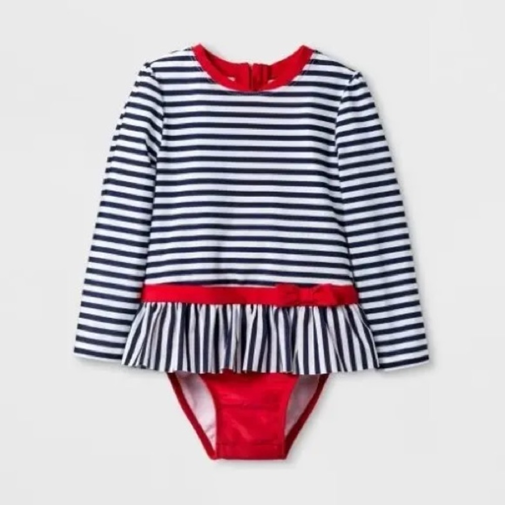 Cat & Jack Striped Navy and Red Kids Swim Set rash guard 3T